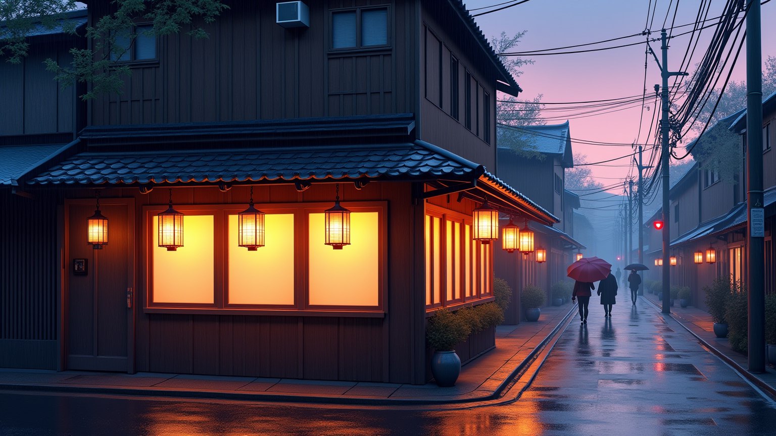 A rainy Tokyo side street with a warmly lit café