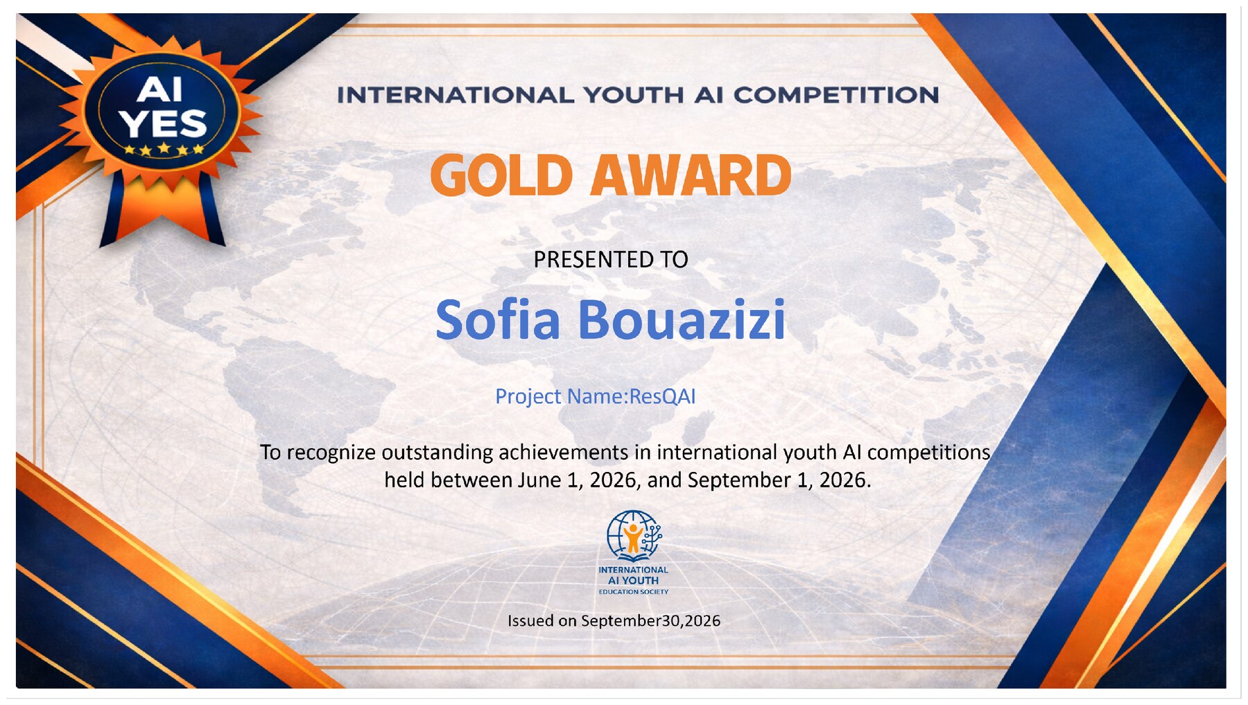 AIYES International Youth AI Competition Gold Award certificate presented to Sofia Bouazizi for the project ResQ AI, issued September 30, 2026